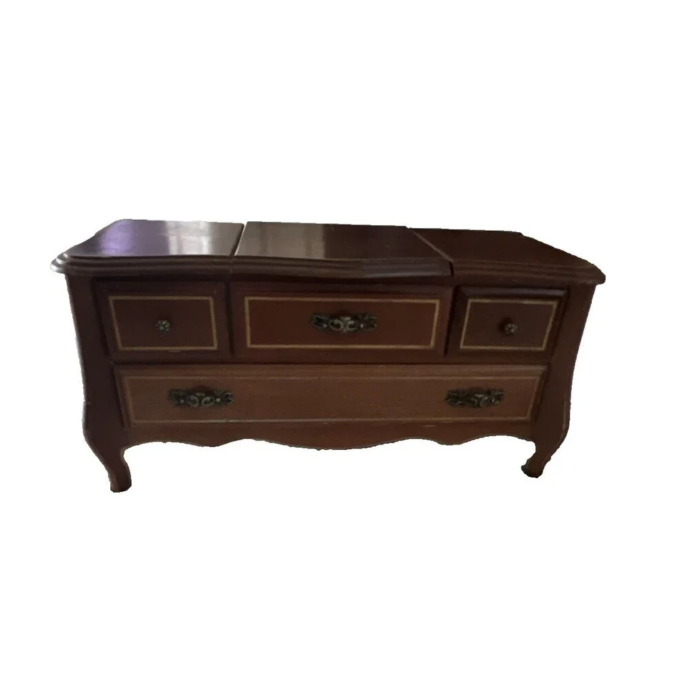 Vintage Mid Century Musical Wooden Jewelry Box, Drawers, Mirror, Velvet Lined